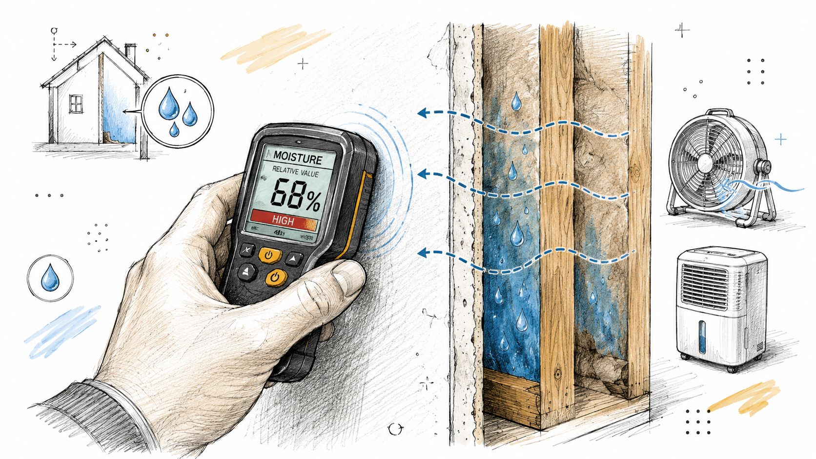 A hand using a moisture meter to detect high humidity levels behind a damaged drywall interior wall.