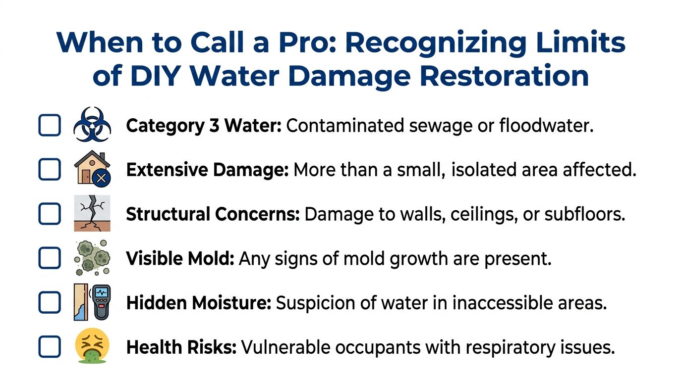 A checklist infographic titled When to Call a Pro detailing six signs of water damage requiring professional restoration.