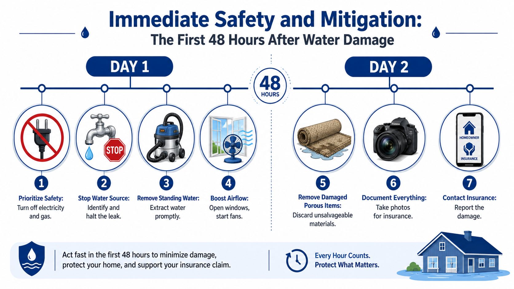 An infographic showing seven steps to mitigate water damage in your home within the first 48 hours.