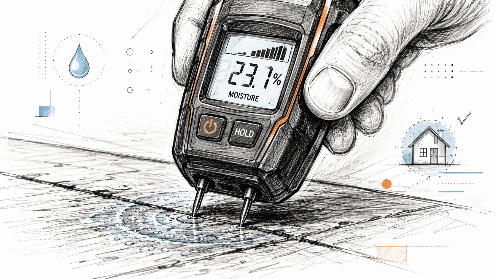 A hand holding a digital moisture meter testing for dampness on a floor surface.