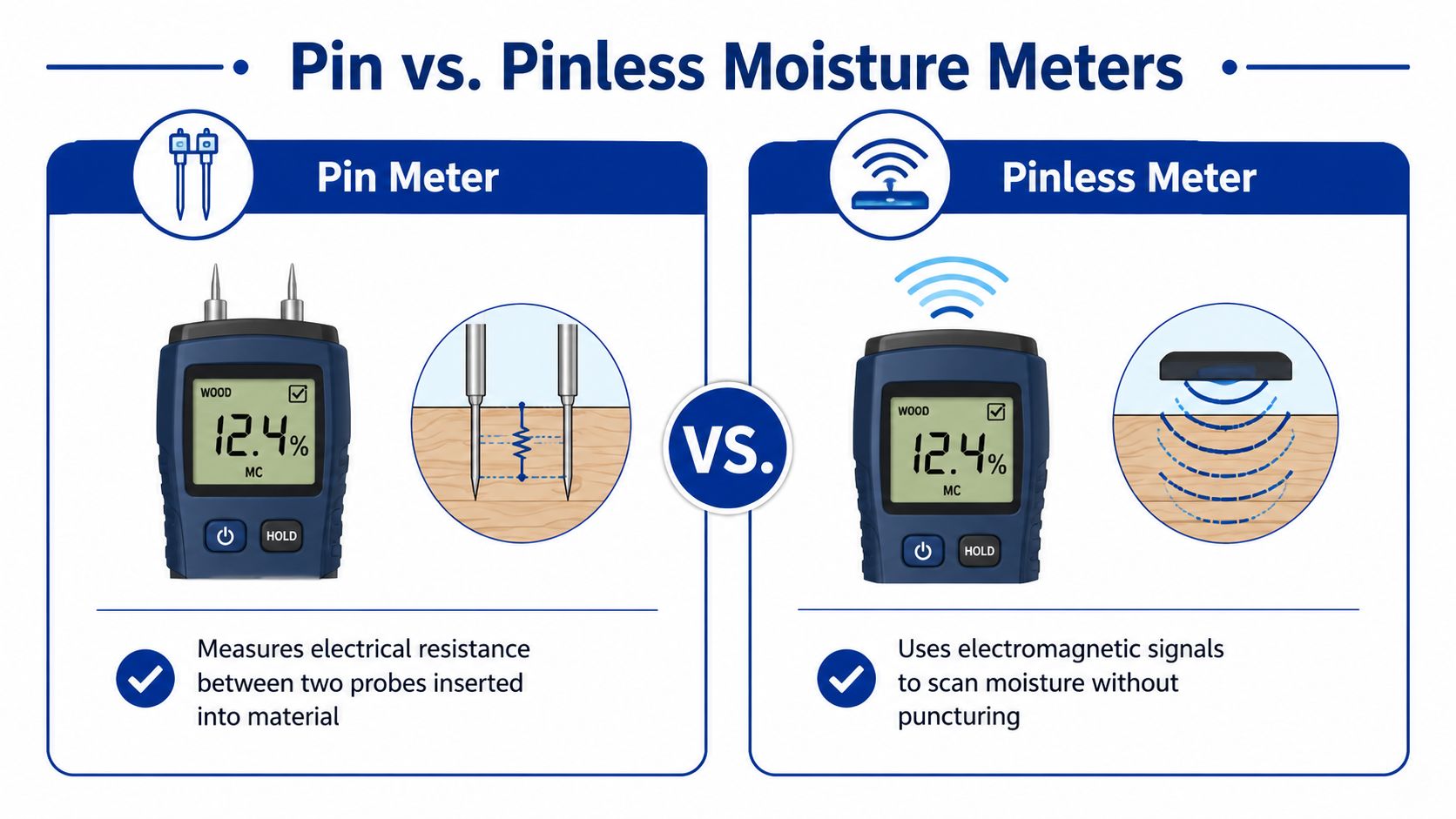 A comparison infographic showing the differences between pin-type and pinless digital moisture meters for wood testing.