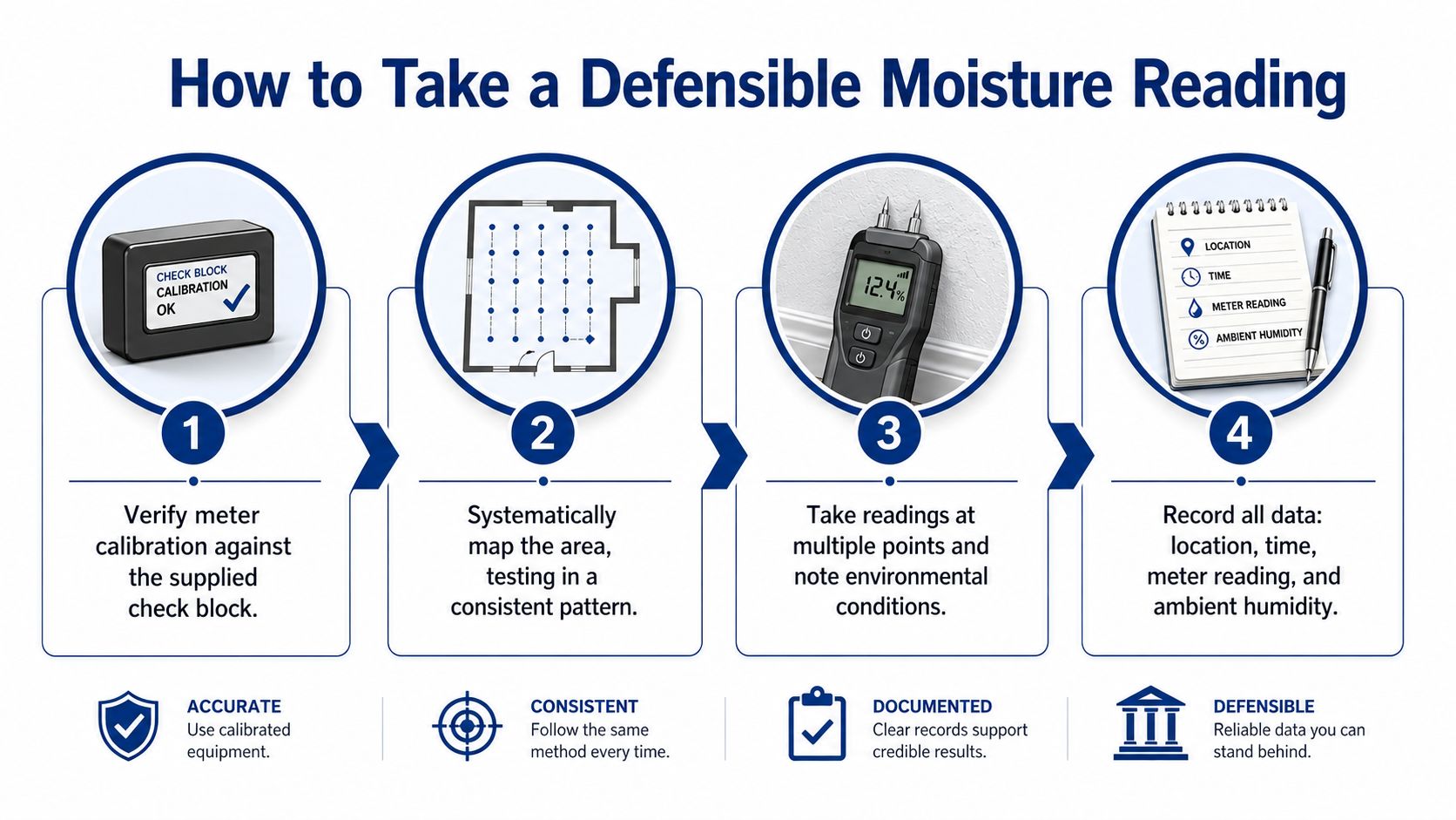 A four-step infographic illustrating how to take a defensible and accurate moisture reading using professional equipment.