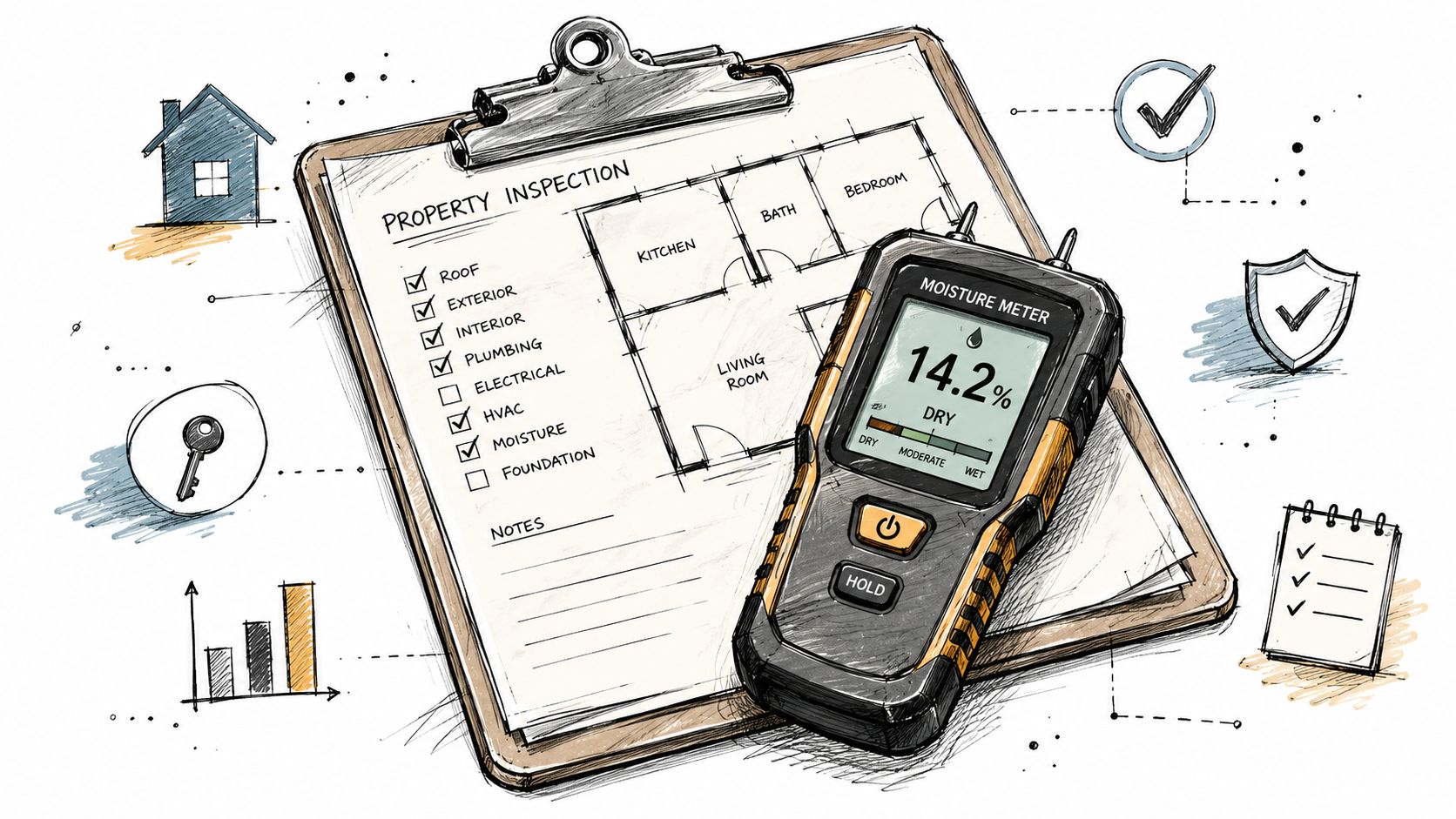A property inspection checklist on a clipboard with a moisture meter displaying a dry reading.