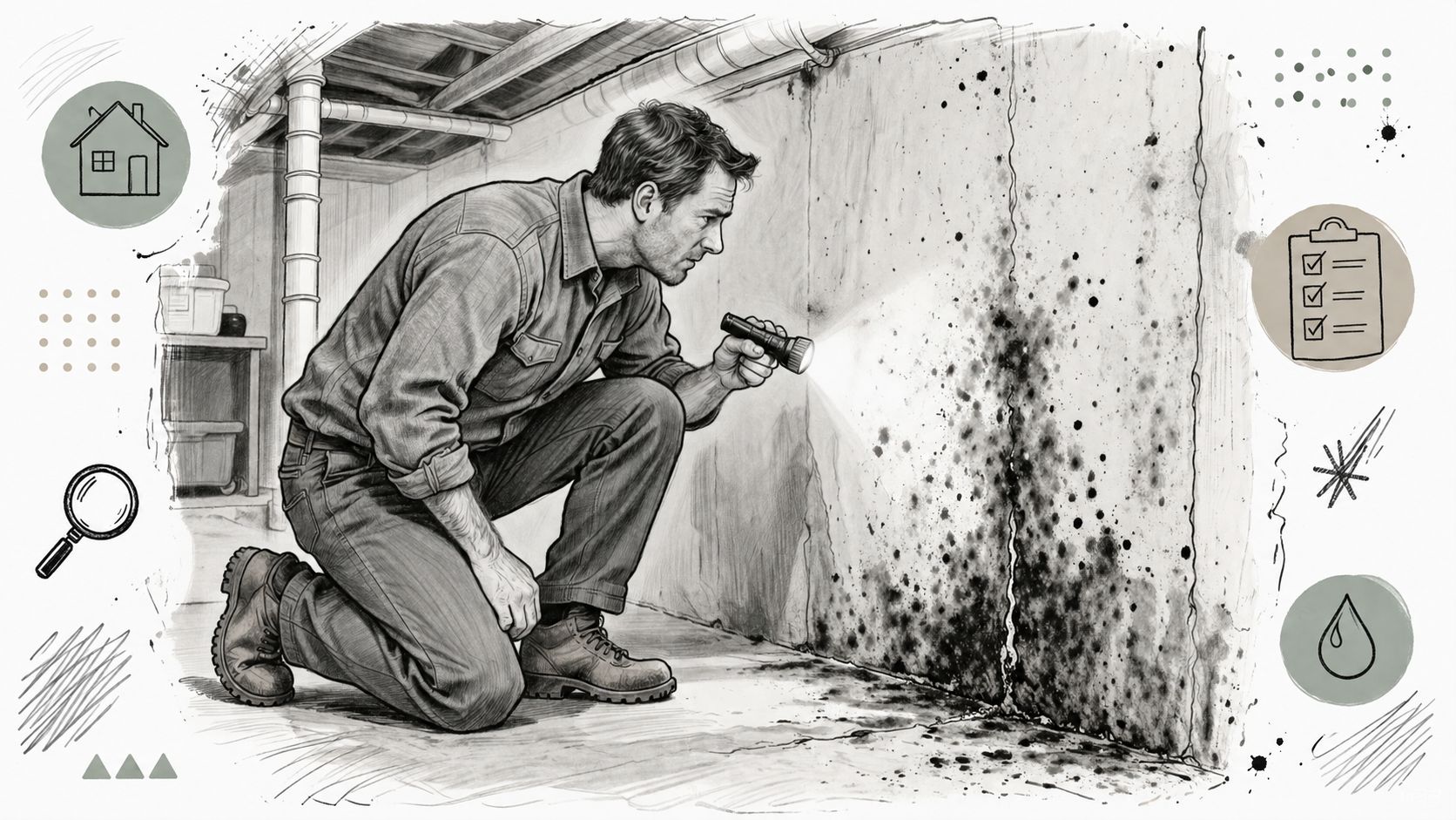 A professional inspector examines a basement wall with a flashlight, looking at dark black mold growth.