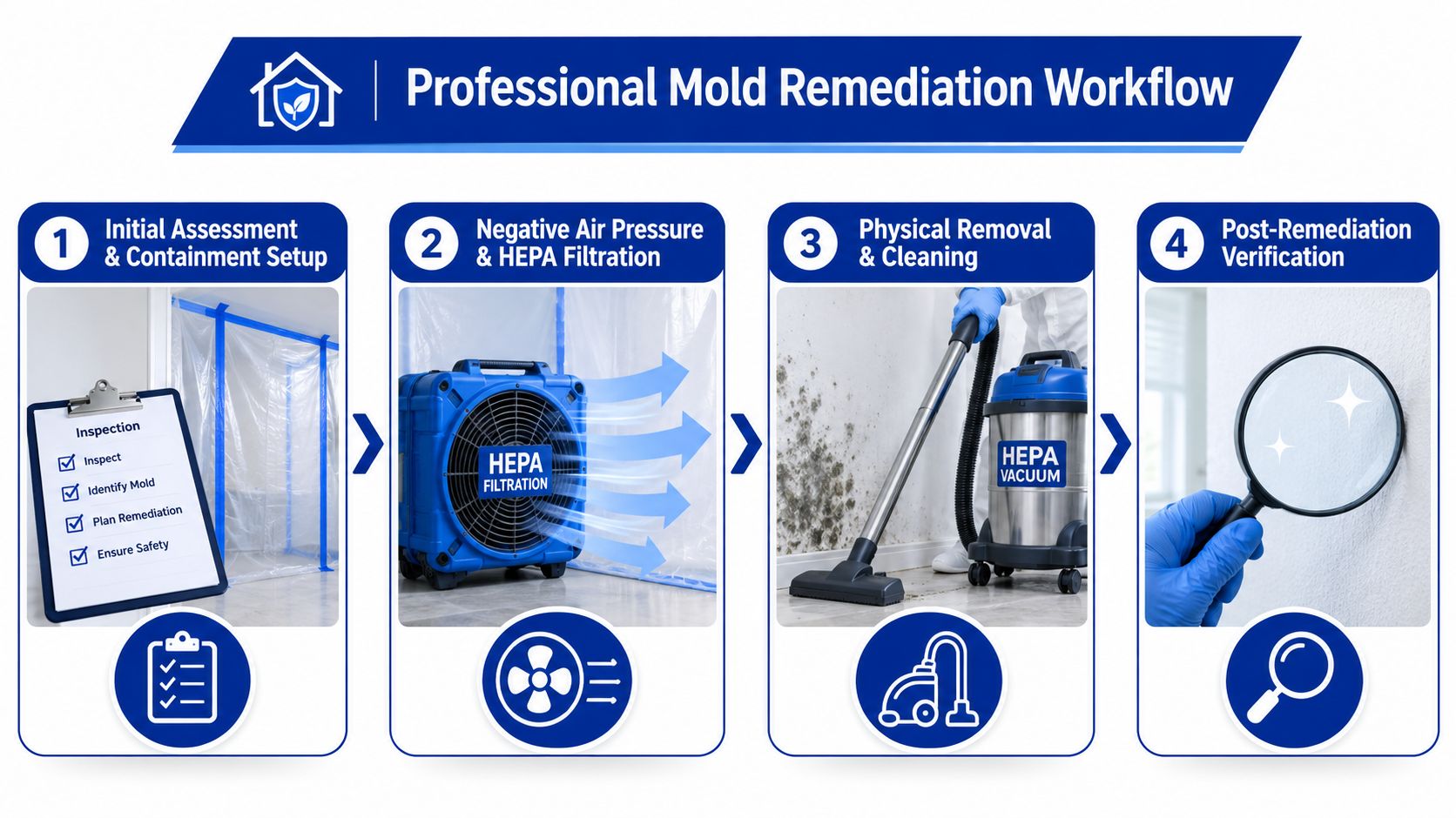 A four-step infographic illustrating the professional workflow process for mold remediation and removal in a building.