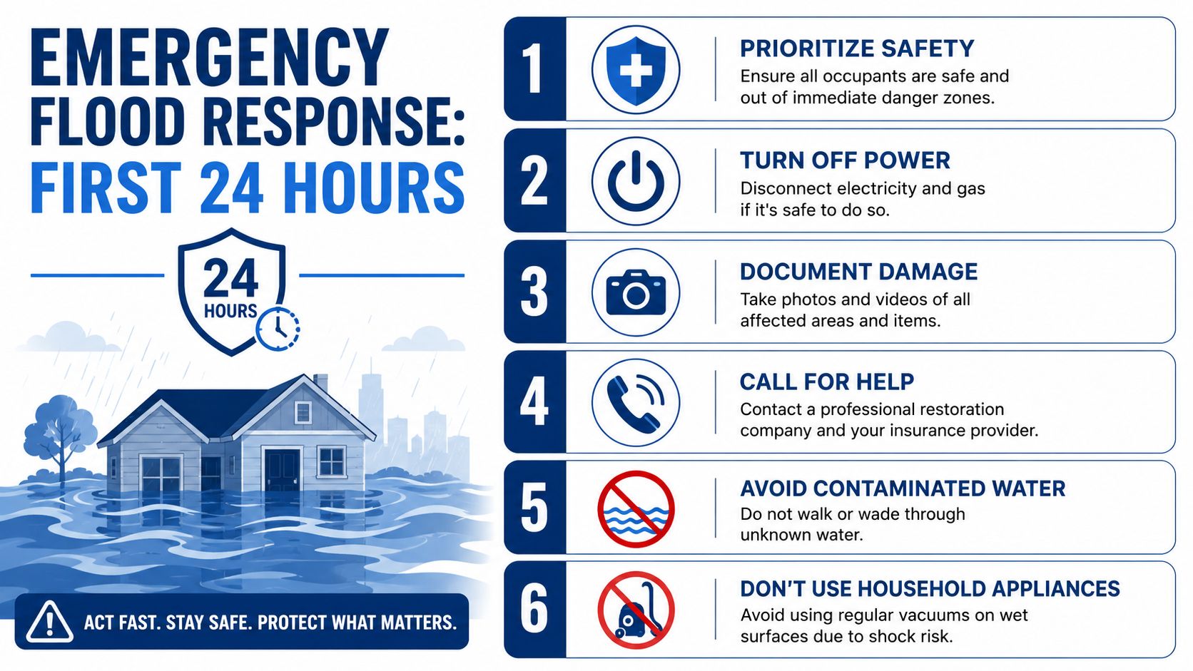 An infographic titled Emergency Flood Response listing six essential safety and recovery steps for homeowners.