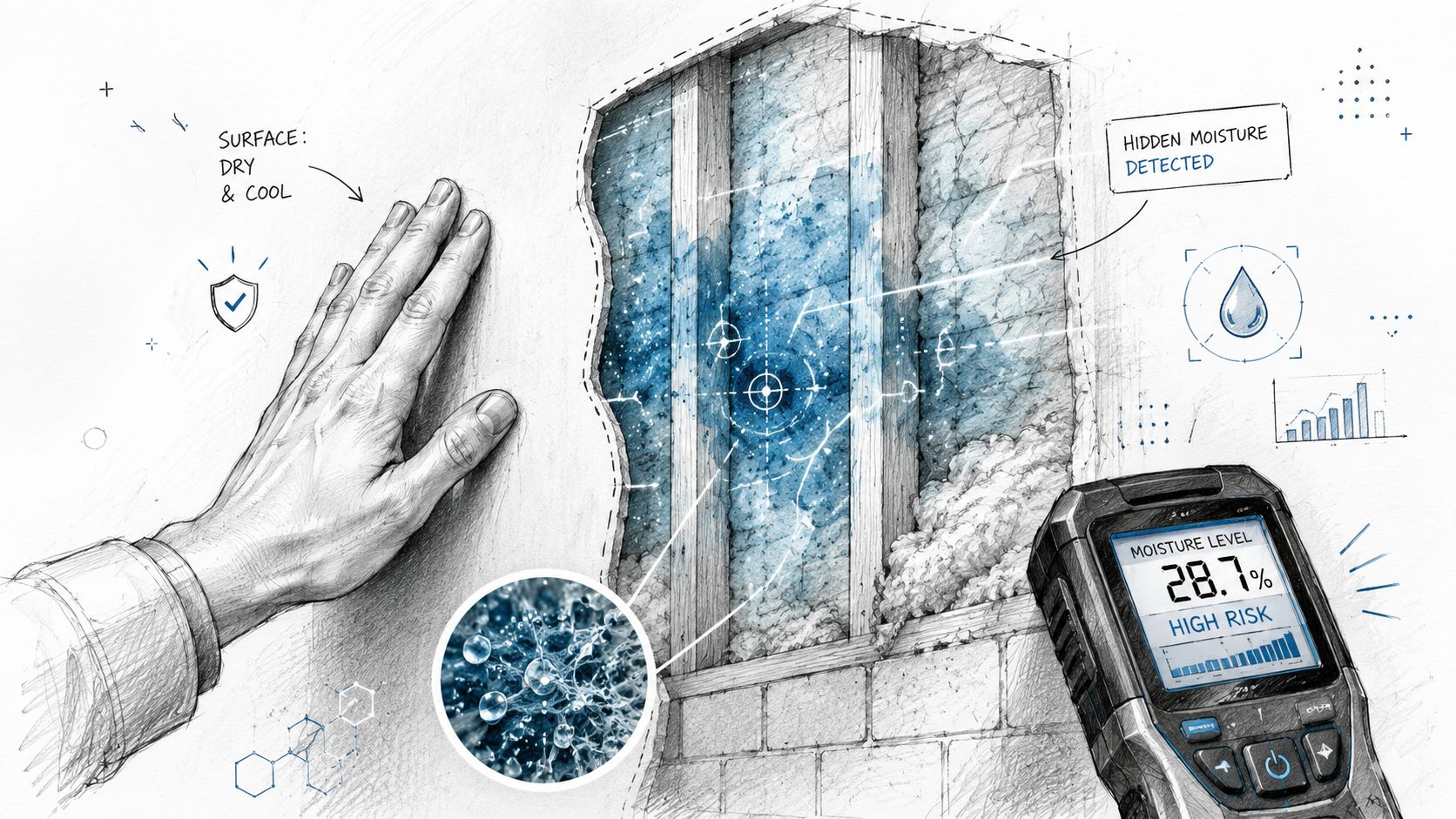 A hand touching a wall while a moisture meter shows high levels of hidden water damage inside.