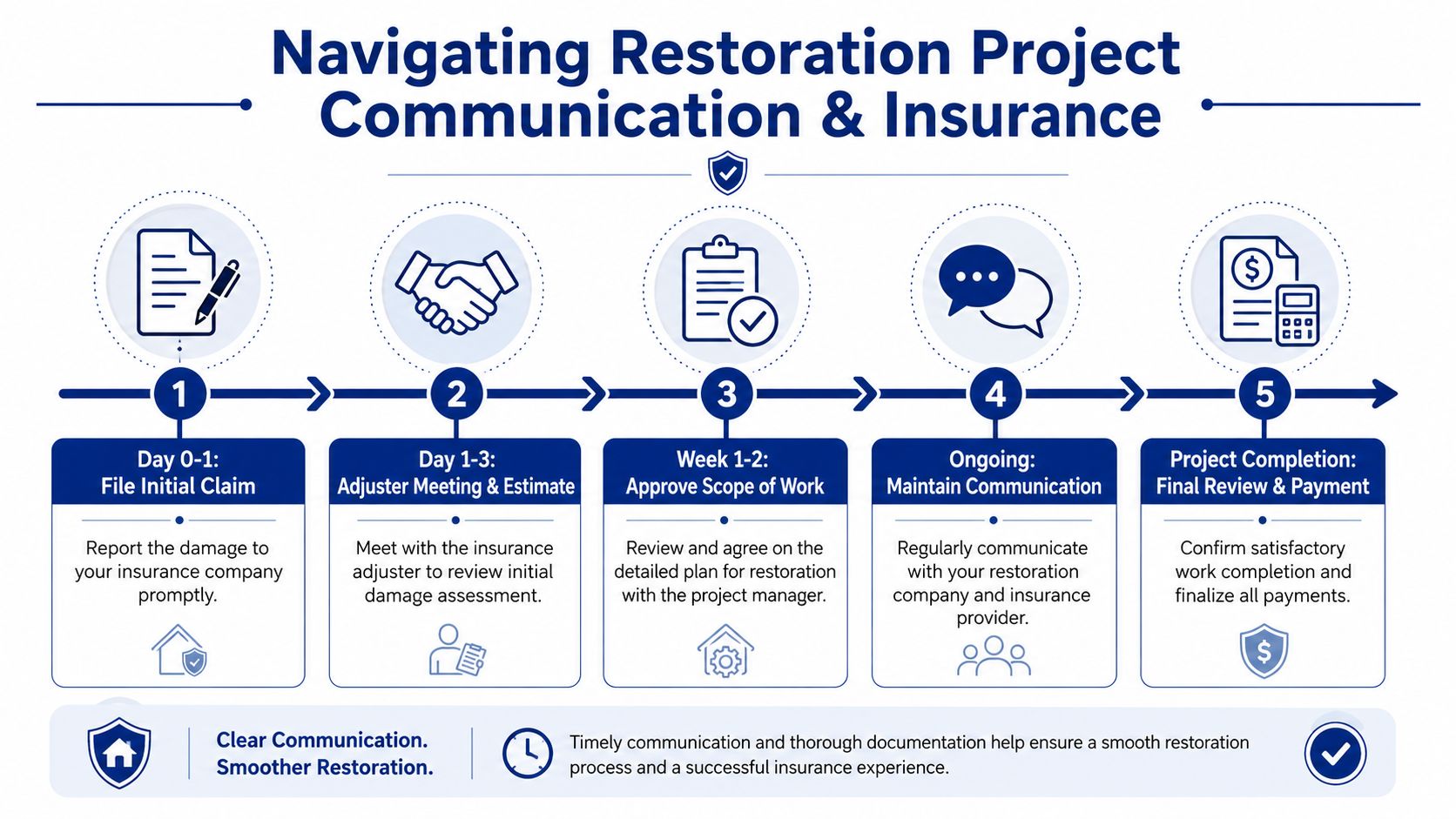 A flowchart infographic outlining the five steps for navigating restoration project communication and insurance processes effectively.