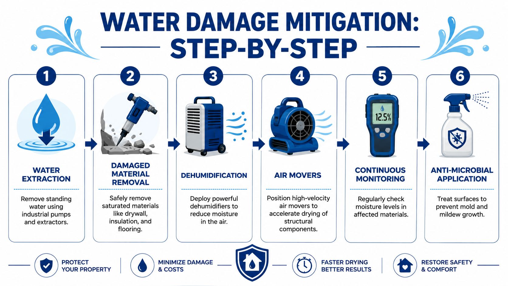 A six-step infographic illustrating the professional process for effective water damage mitigation and property restoration.
