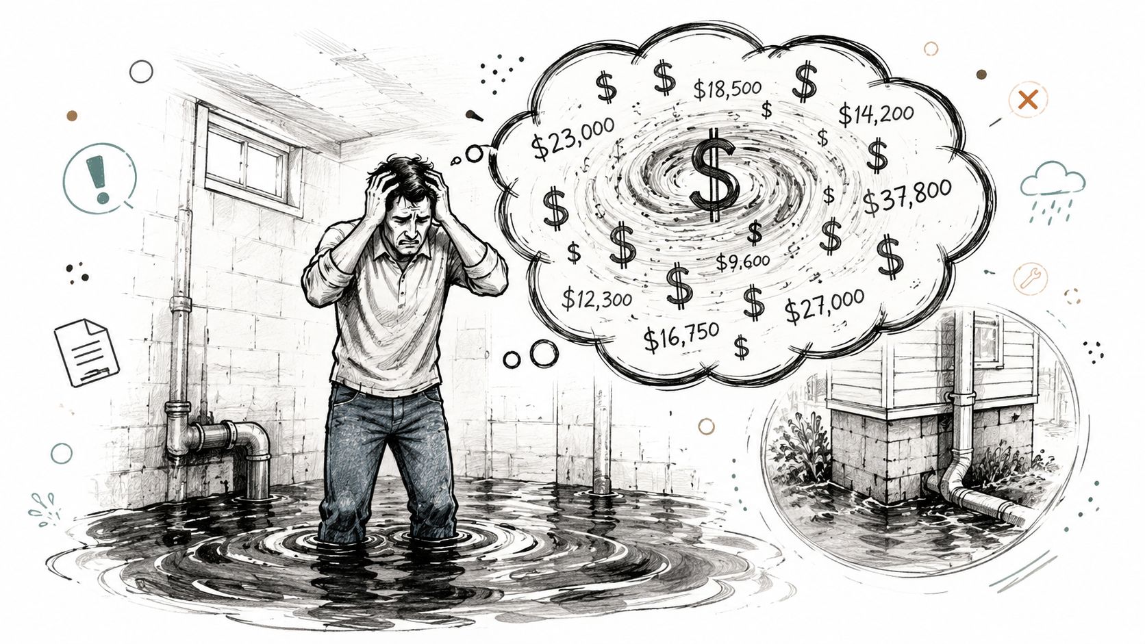 A distressed homeowner standing in a flooded basement while worrying about high sewage backup cleanup costs.