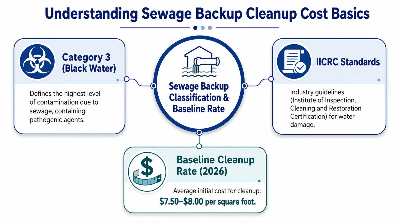 An infographic detailing sewage backup cleanup costs, including IICRC standards and category 3 black water definitions.