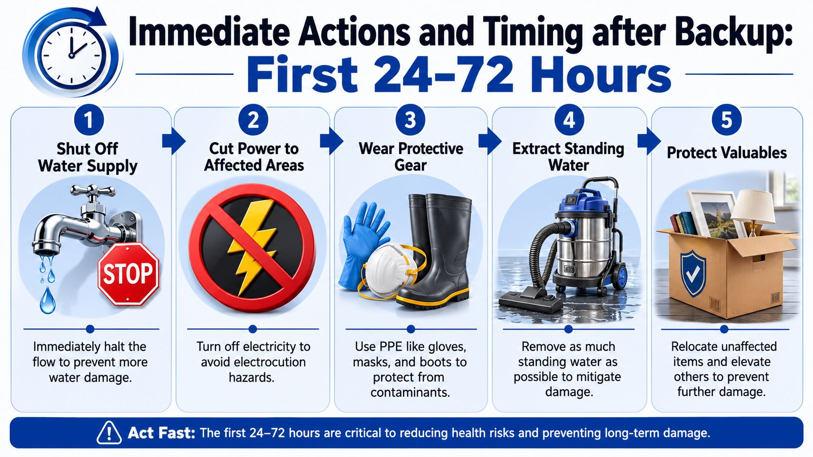 An infographic showing five essential steps to take during the first 24 to 72 hours after sewage backup.