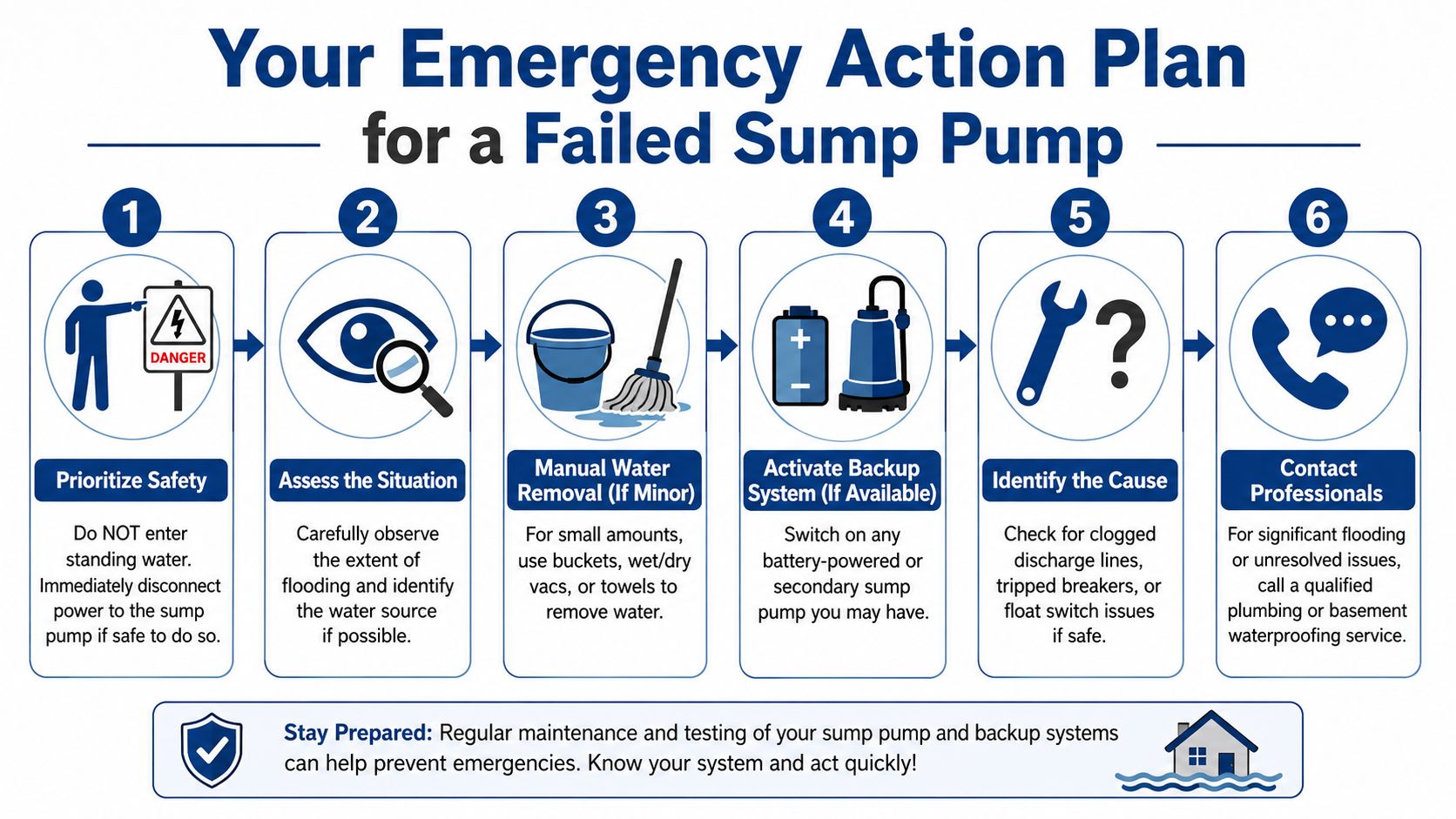 A six-step infographic guide detailing safety procedures and actions to take during a sump pump failure.