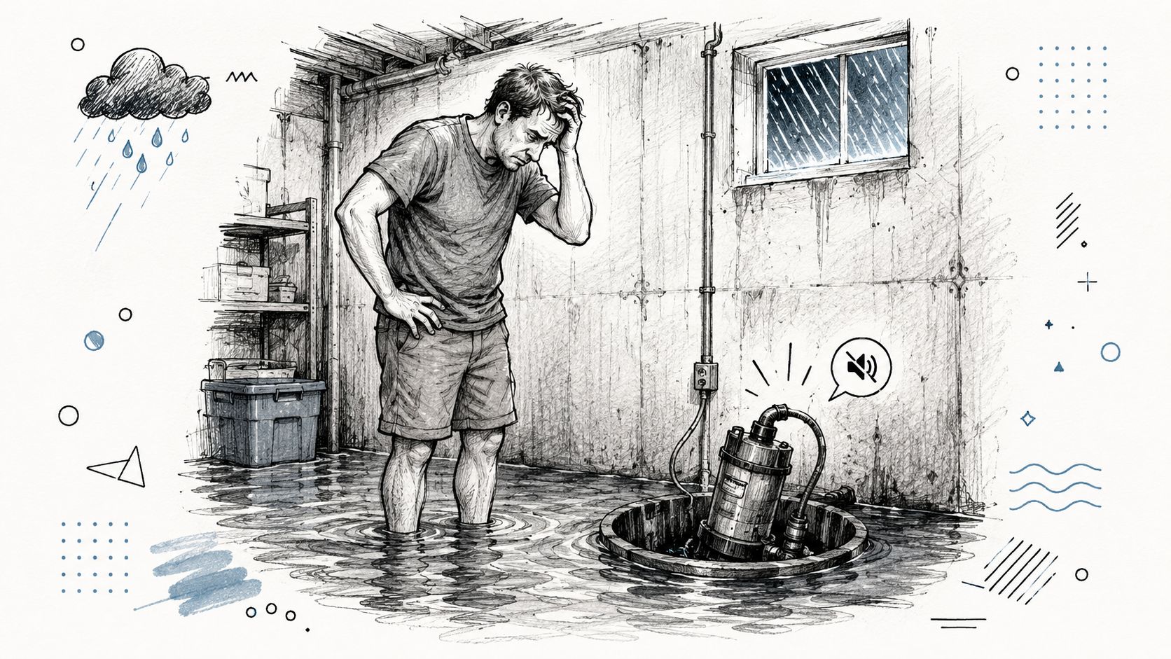 A man in a flooded basement looking distressed as his sump pump has stopped working during rain.