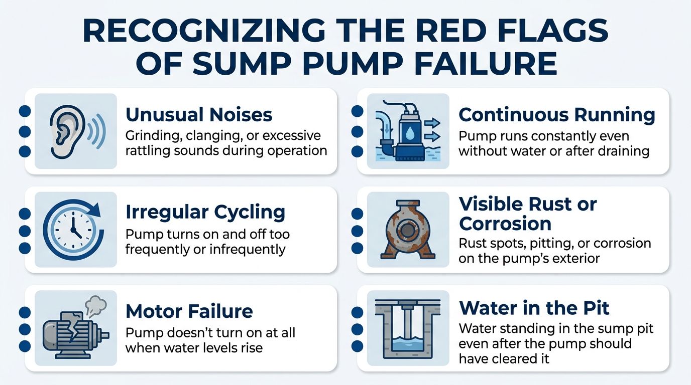 An infographic illustrating six key signs of sump pump failure, including noises, rust, and motor issues.