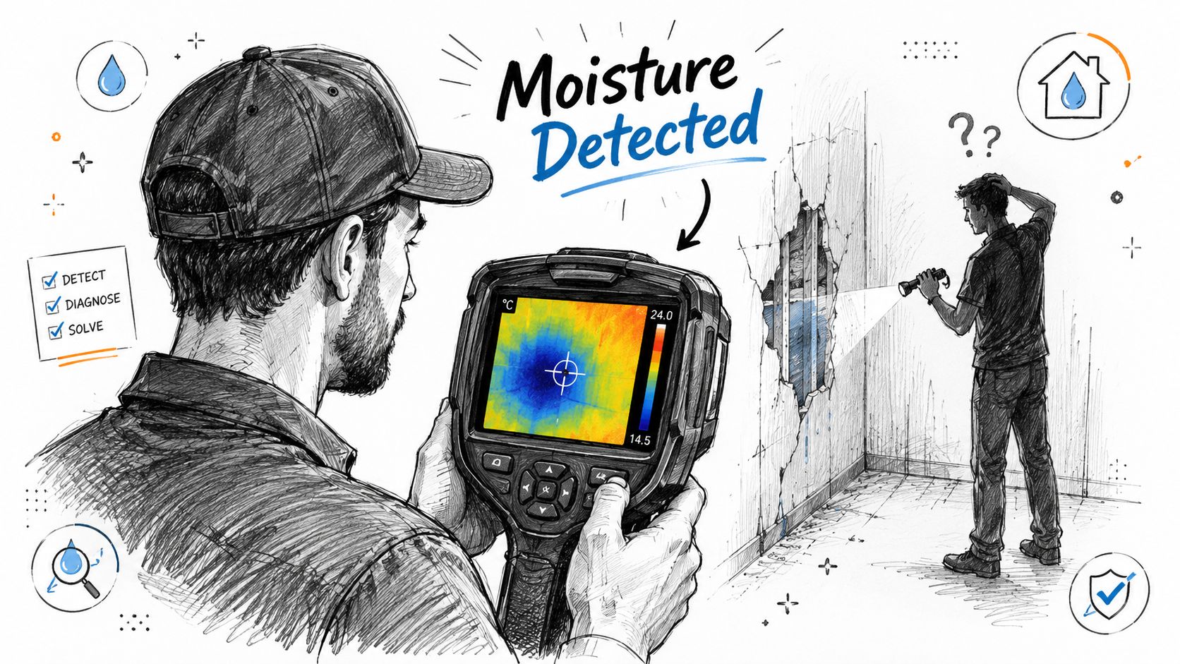 A technician using a thermal imaging camera to detect moisture inside a home wall structure.