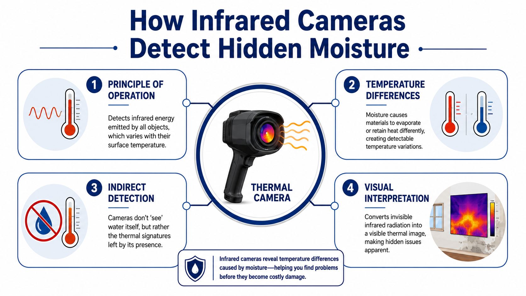 An infographic explaining how infrared thermal cameras detect hidden moisture behind walls using thermal imaging technology.