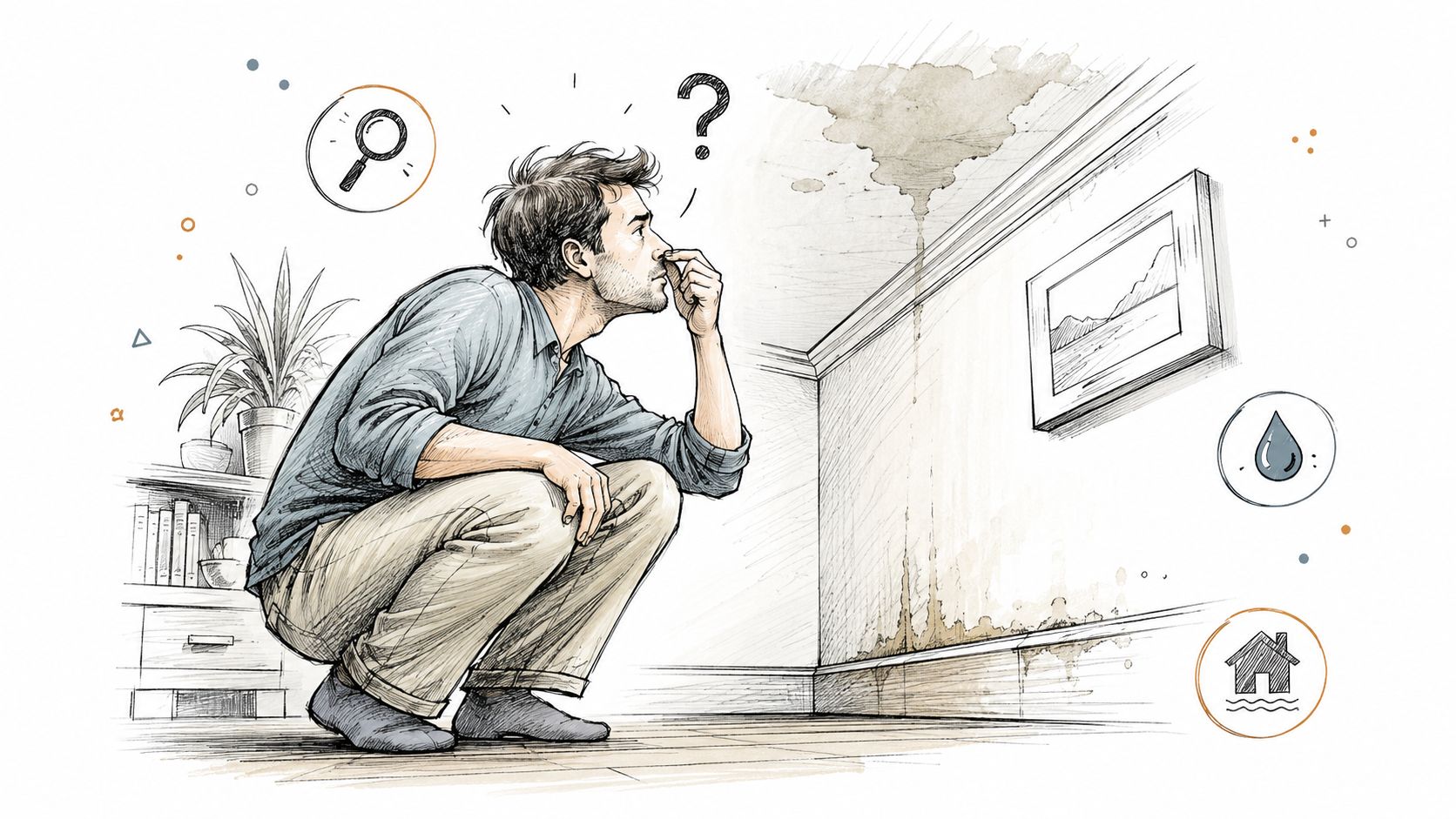 A man crouching in a room, concerned about water stains and leaks on the wall and ceiling.