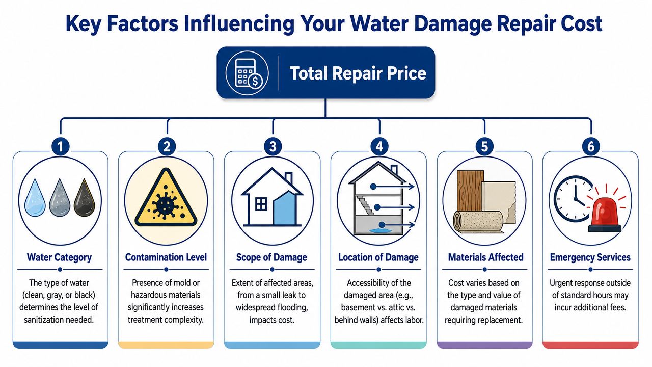 An infographic illustrating six key factors that influence the total cost of water damage repair services.