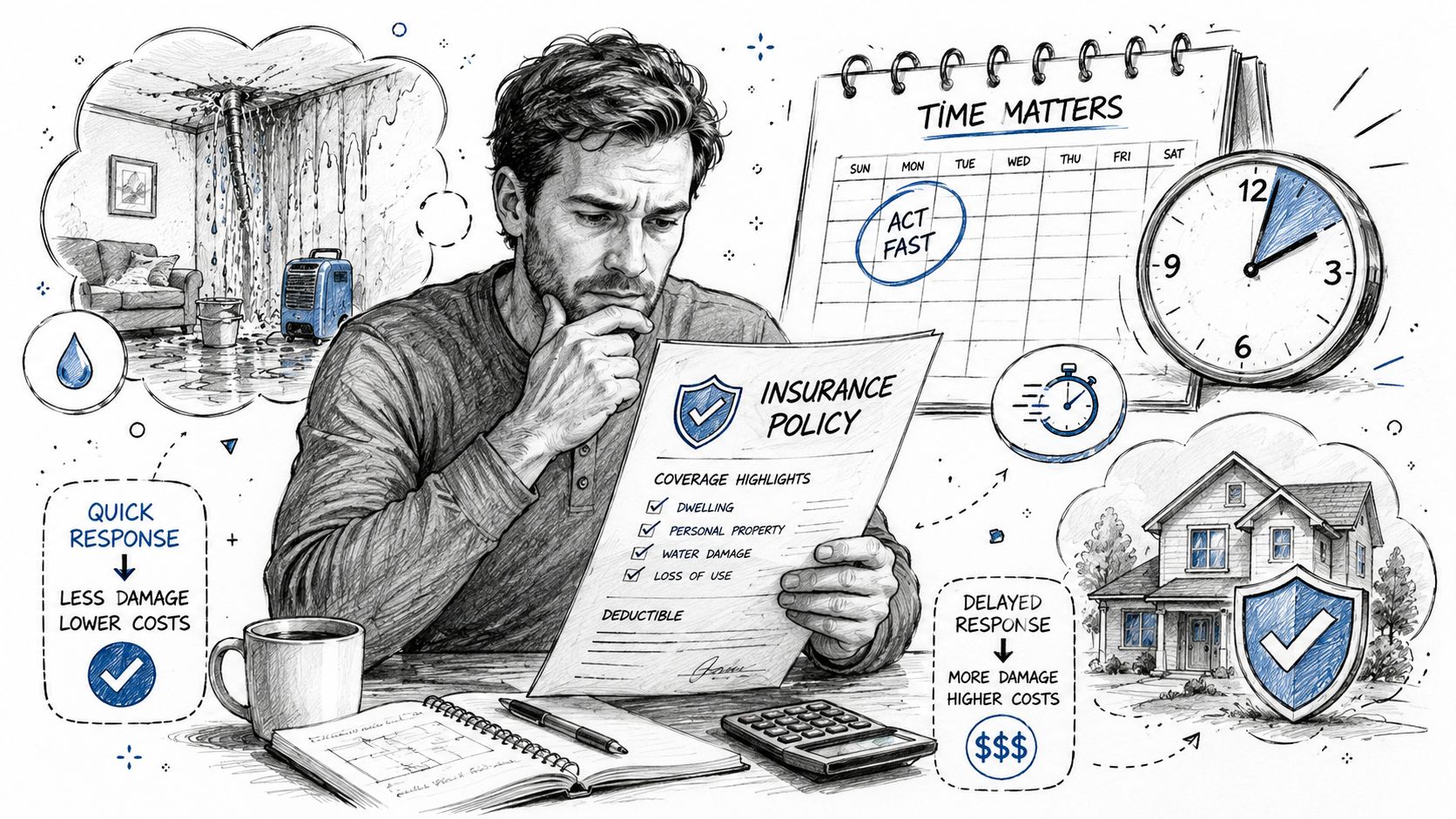 A man reviewing an insurance policy while contemplating the costs and consequences of home water damage repair.