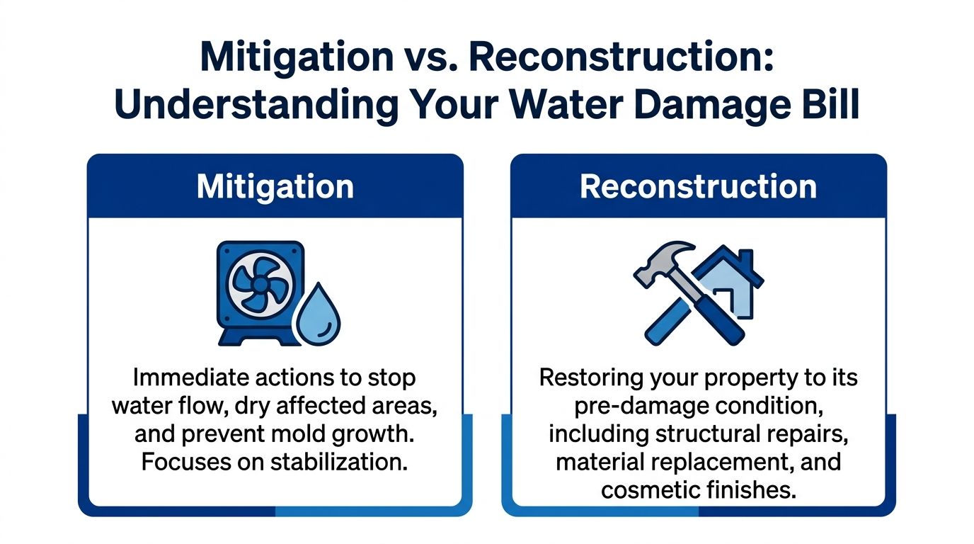 An educational graphic explaining the difference between water damage mitigation and reconstruction services for homeowners.