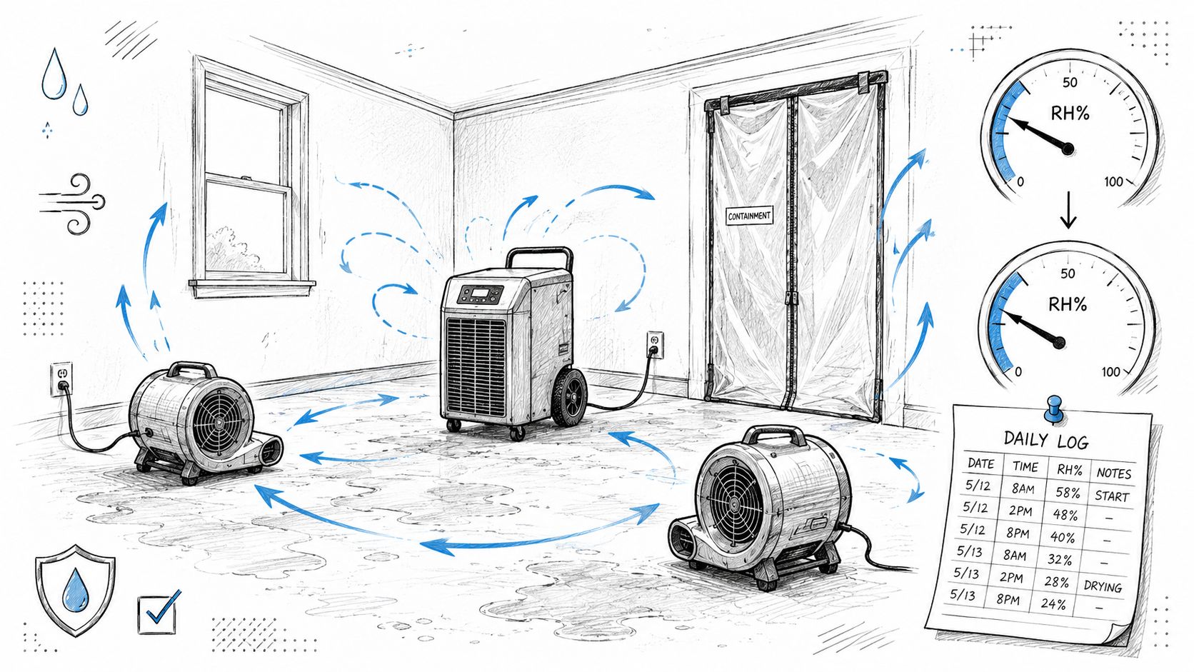 Equipment for drying out water damage inside a room with a daily humidity tracking log