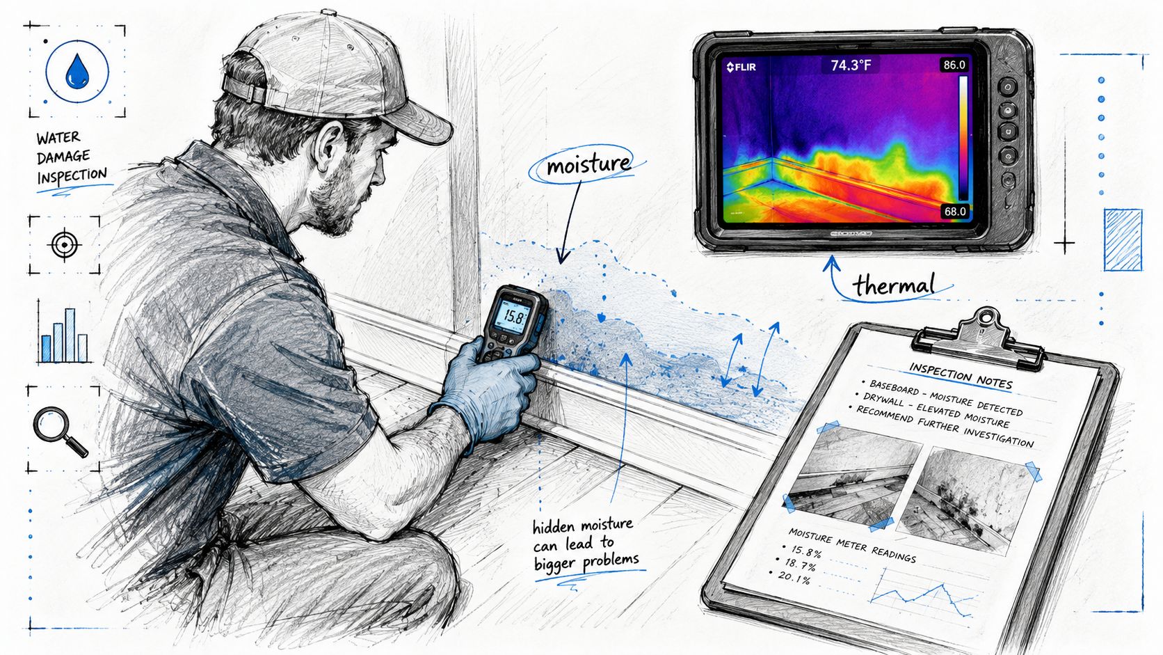 A technician uses a moisture meter on a wall during a water damage inspection process.