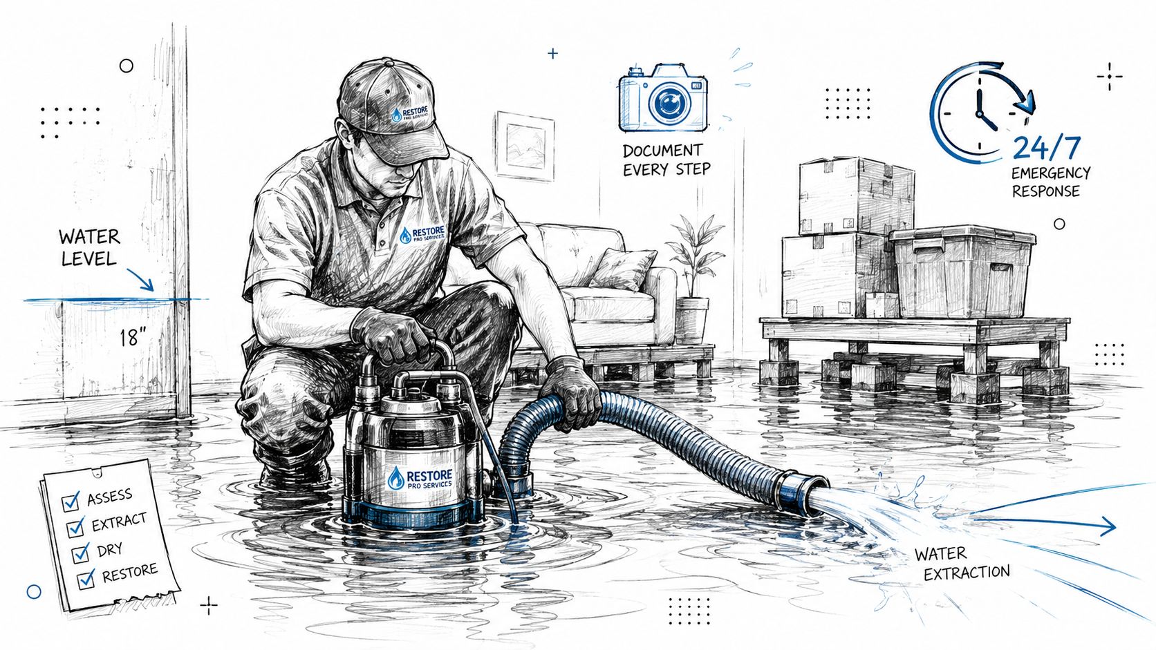 A professional service worker uses a water pump for home water damage extraction and restoration process.
