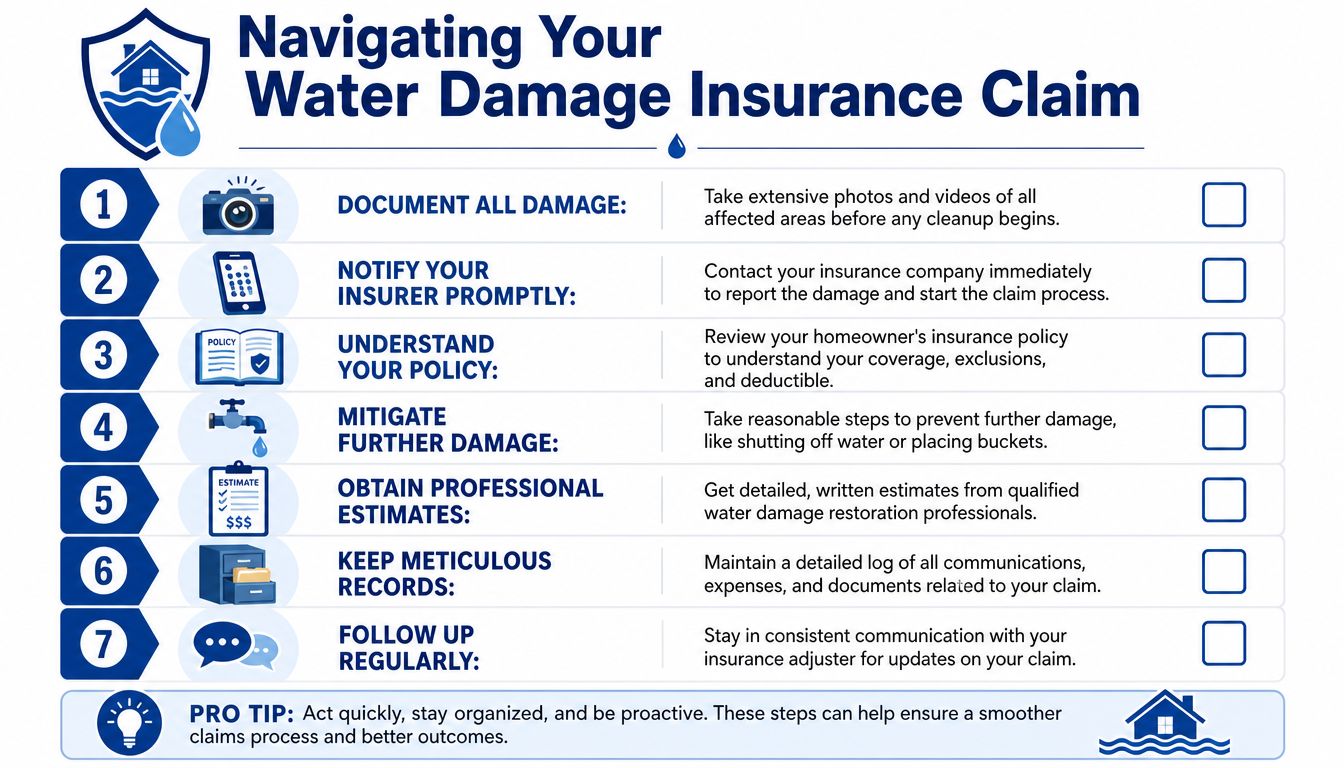 A step-by-step infographic guide on how to navigate a water damage insurance claim process effectively.
