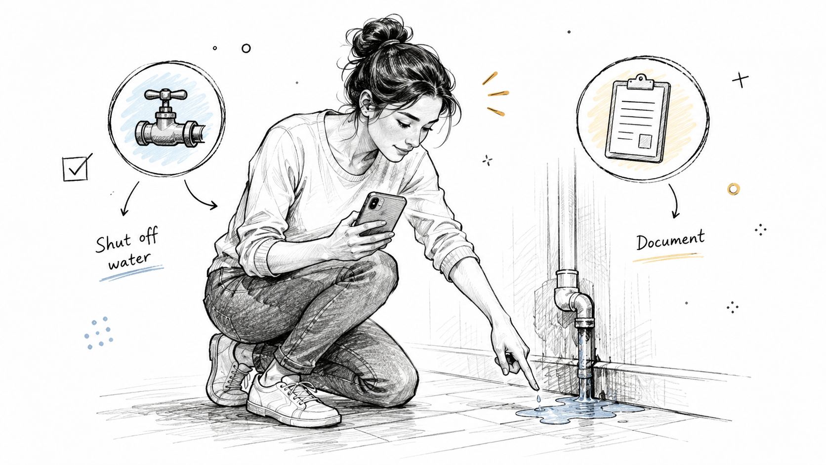 A woman crouches on the floor inspecting a leaking pipe while documenting it on her smartphone.