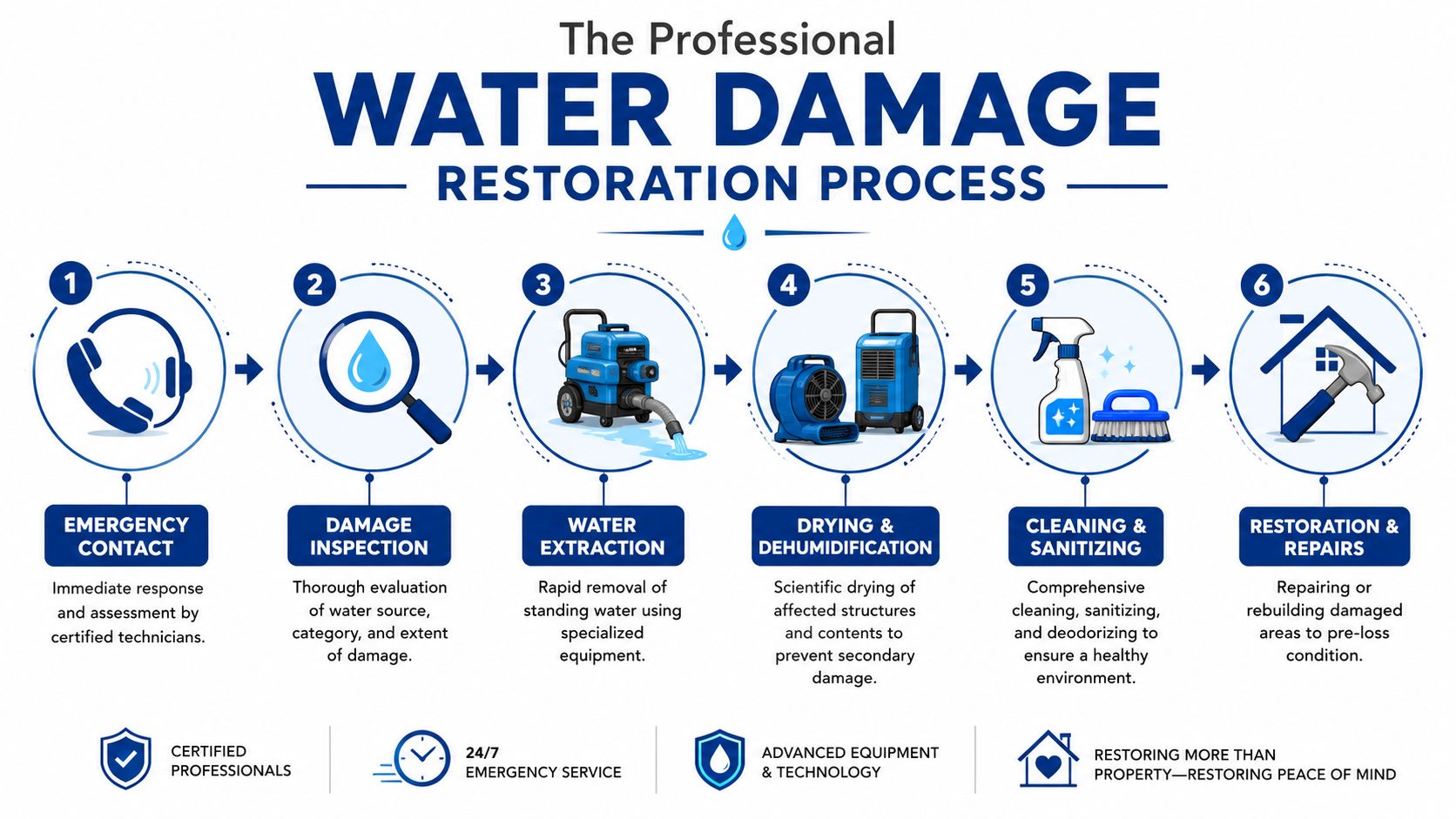 A six-step infographic detailing the professional water damage restoration process from emergency contact to final repairs.