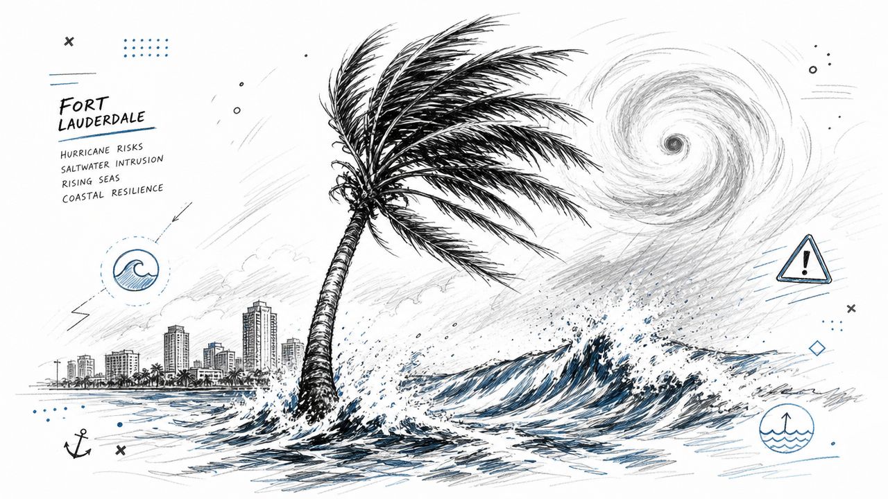 A pencil sketch of a palm tree bending in a storm before the Fort Lauderdale city skyline.