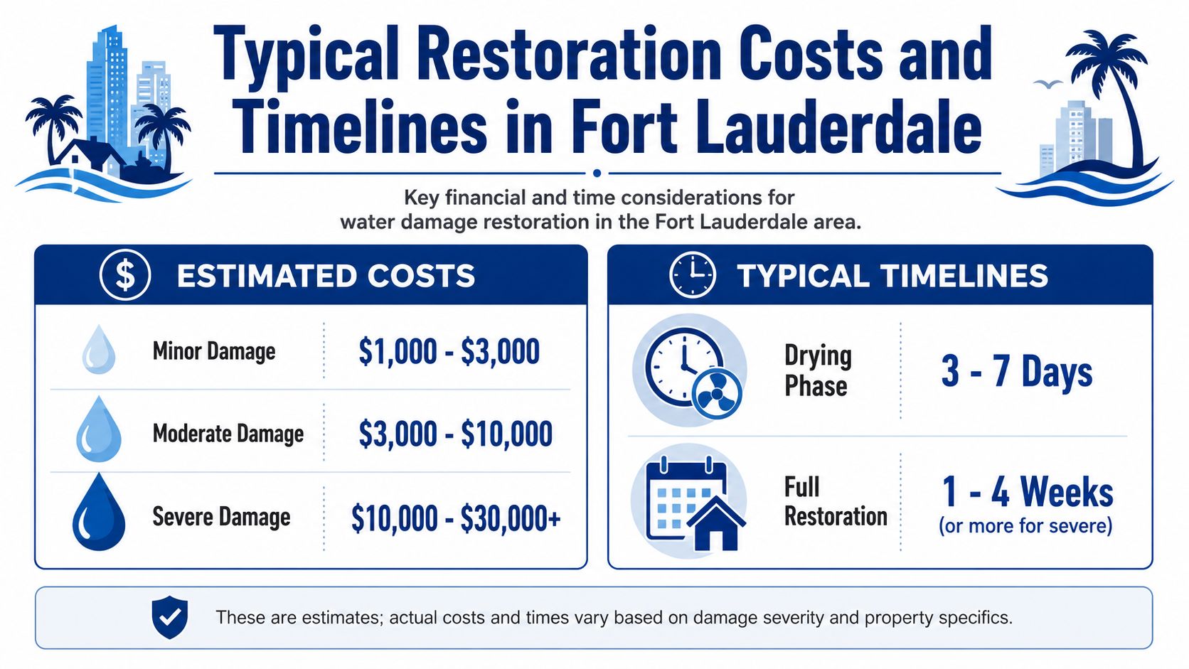 A chart showing estimated water damage restoration costs and timelines for homes in Fort Lauderdale.