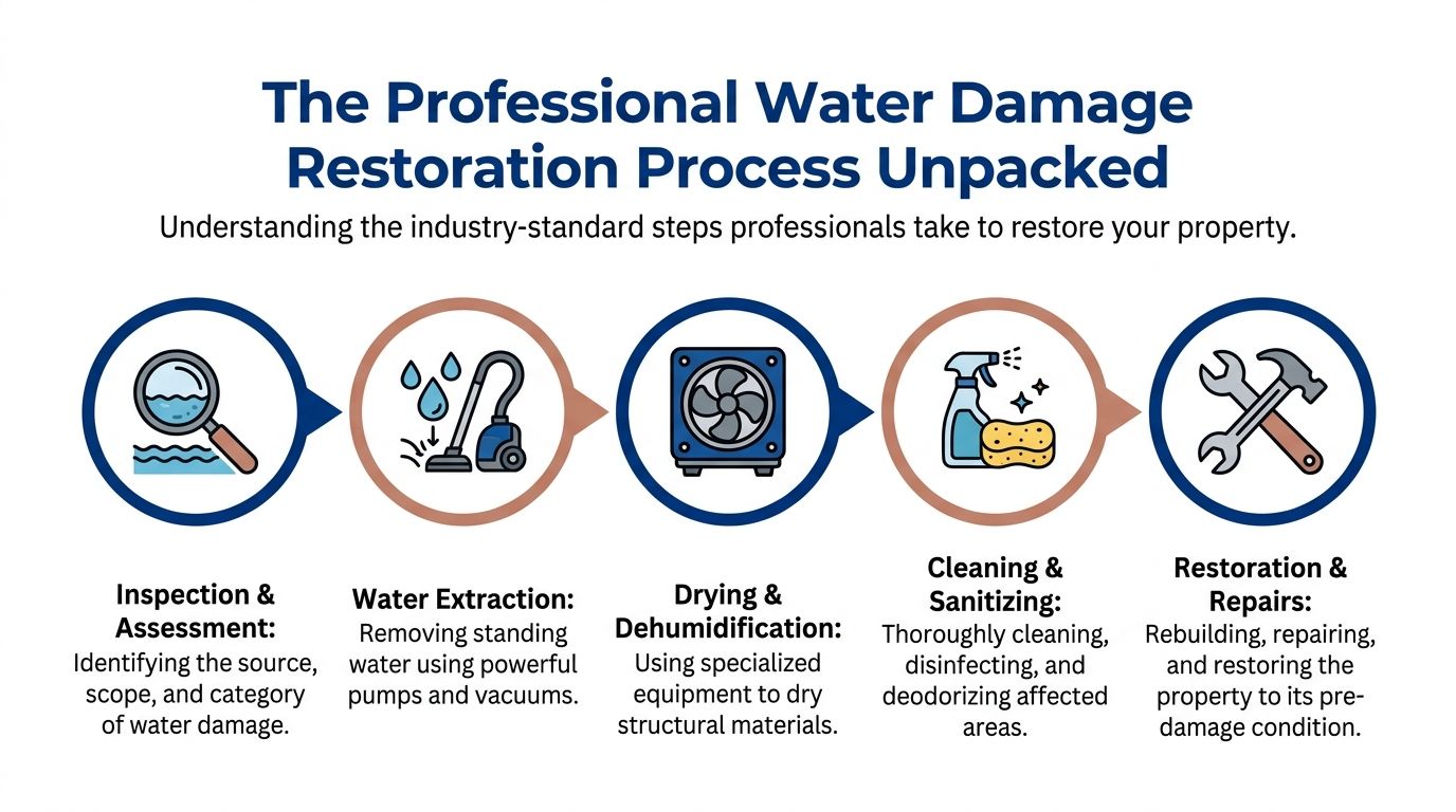 An infographic showing the five-step professional water damage restoration process from inspection to final property repairs.