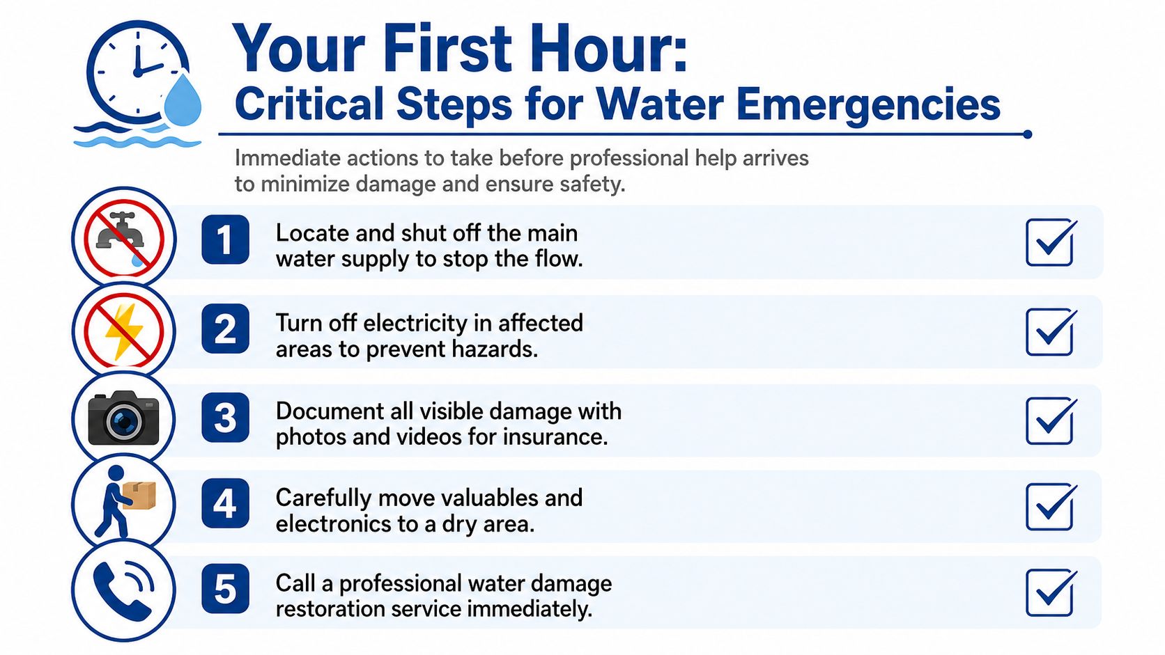 An infographic showing five critical steps to take immediately following a household water damage emergency.