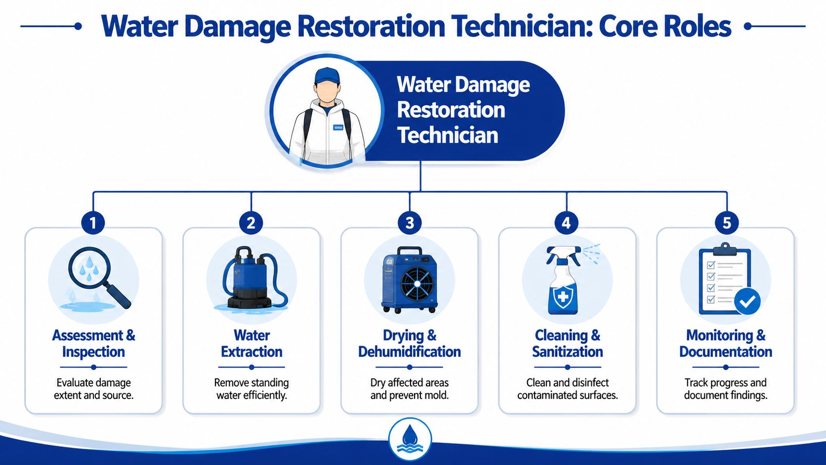 A diagram outlining the five core roles of a water damage restoration technician with icons and descriptions.