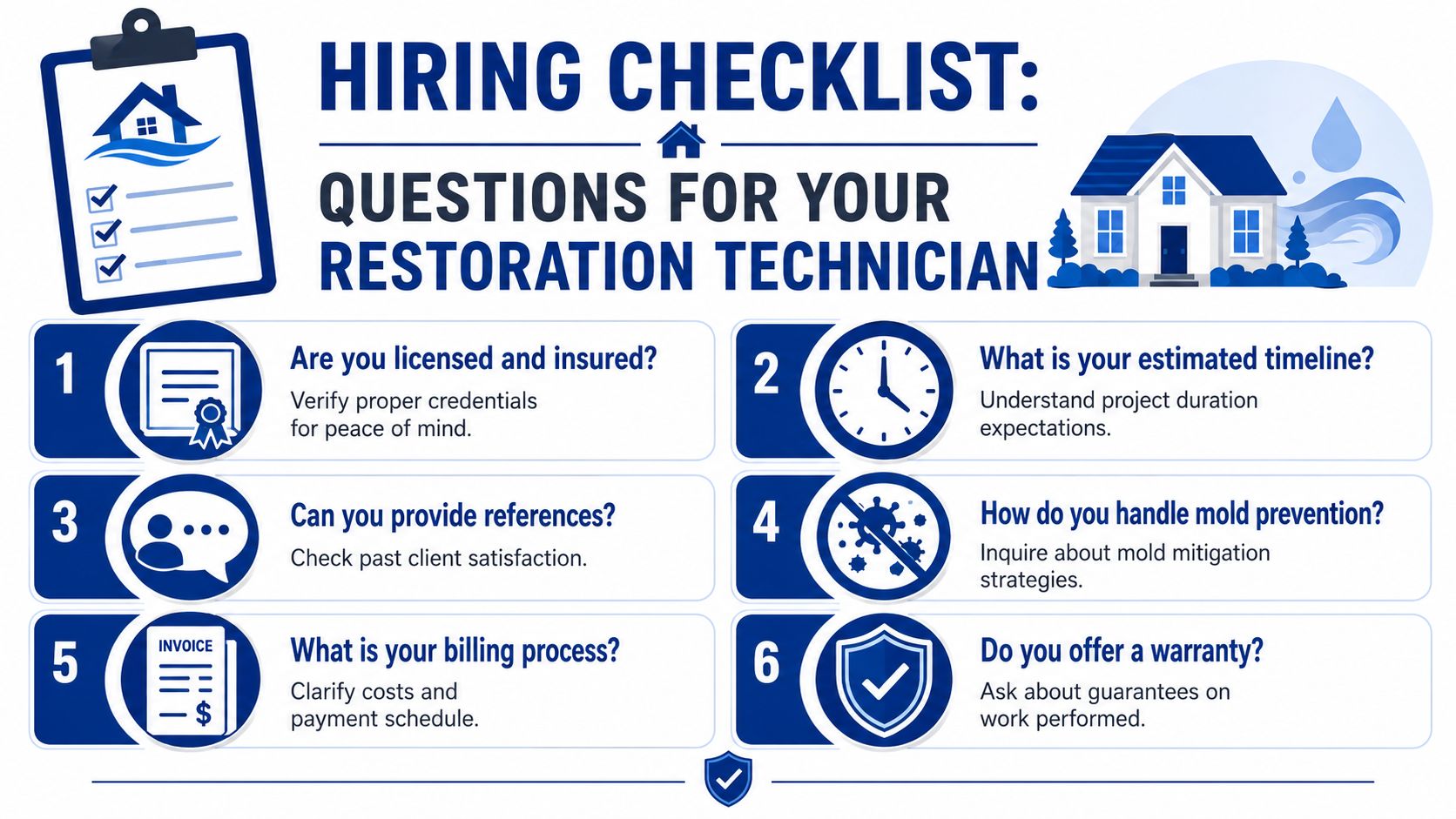 A hiring checklist graphic for choosing a professional water damage restoration technician with six essential questions.