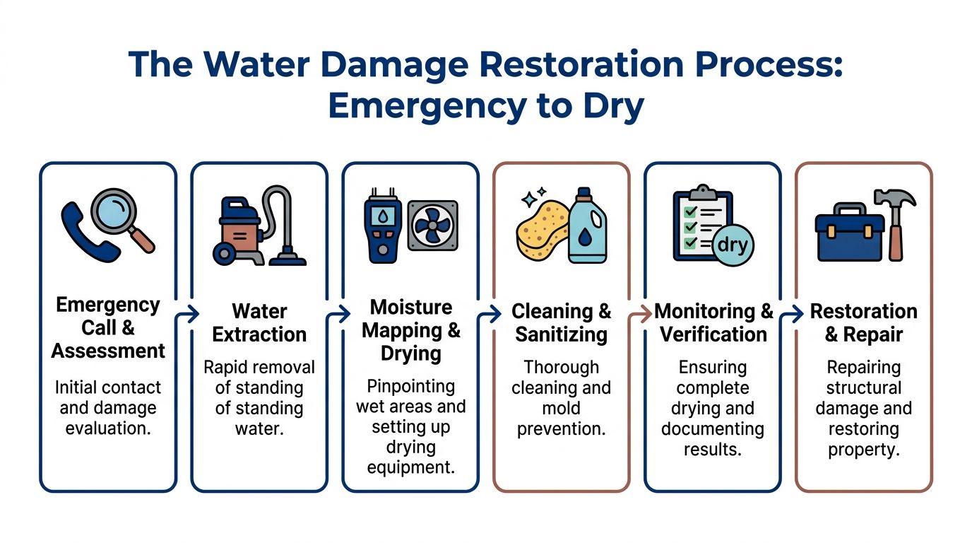 A flowchart showing the six-step water damage restoration process from emergency contact to final property repair.