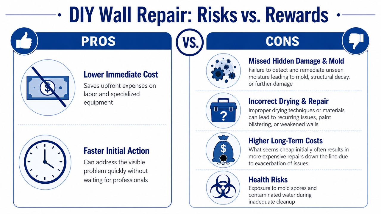 A comparison infographic detailing the pros and cons of DIY water damage wall repair.