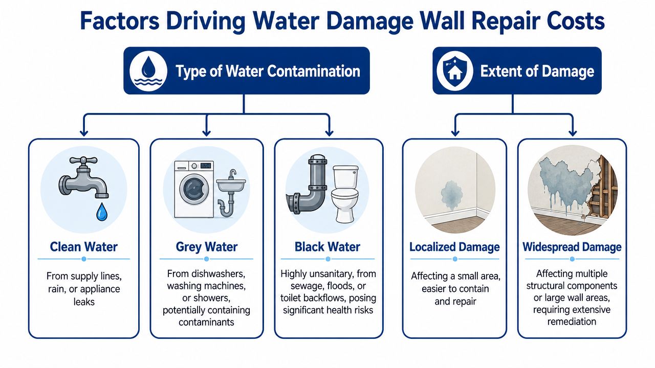 An infographic showing factors that influence the cost of wall repairs due to water damage.
