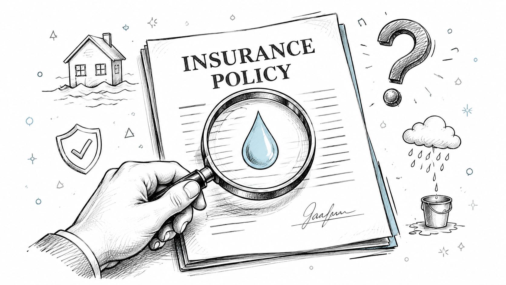 Hand using a magnifying glass to inspect an insurance policy document with water damage themed illustrations.