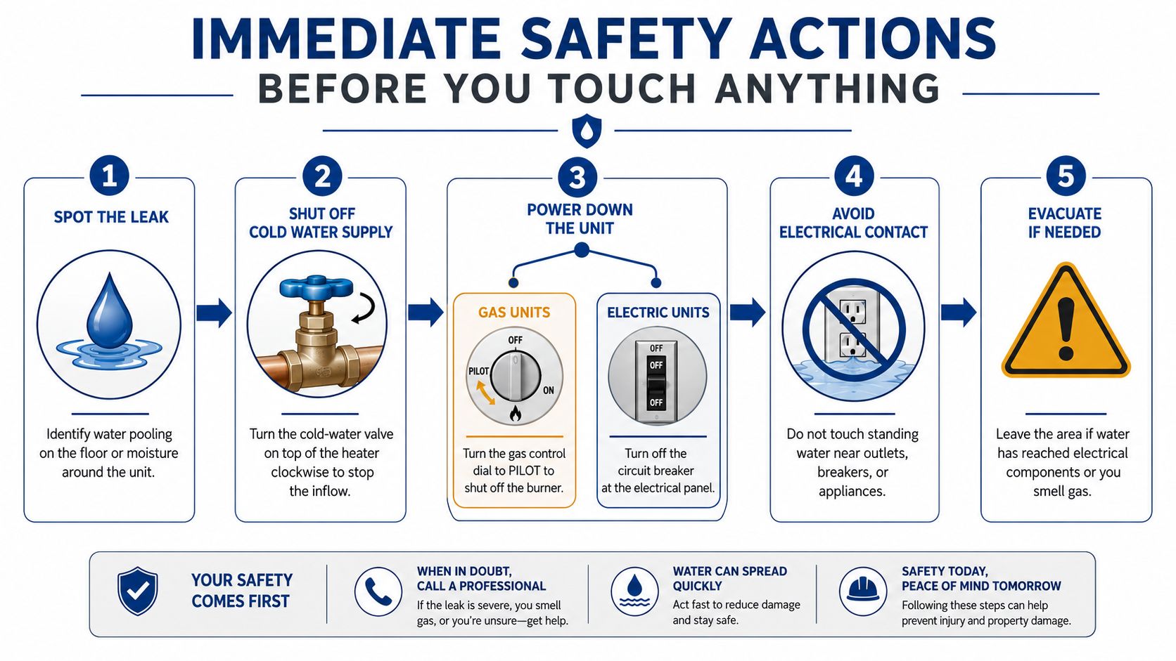 An infographic showing five immediate safety steps to take when you discover a water heater leak.