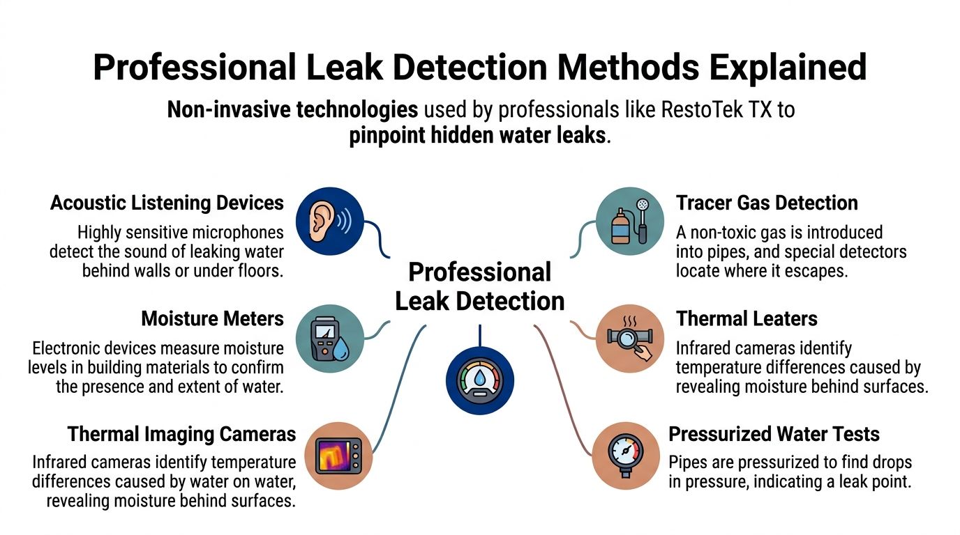 An infographic detailing professional non-invasive methods like acoustic sensors and thermal imaging to detect hidden water leaks.