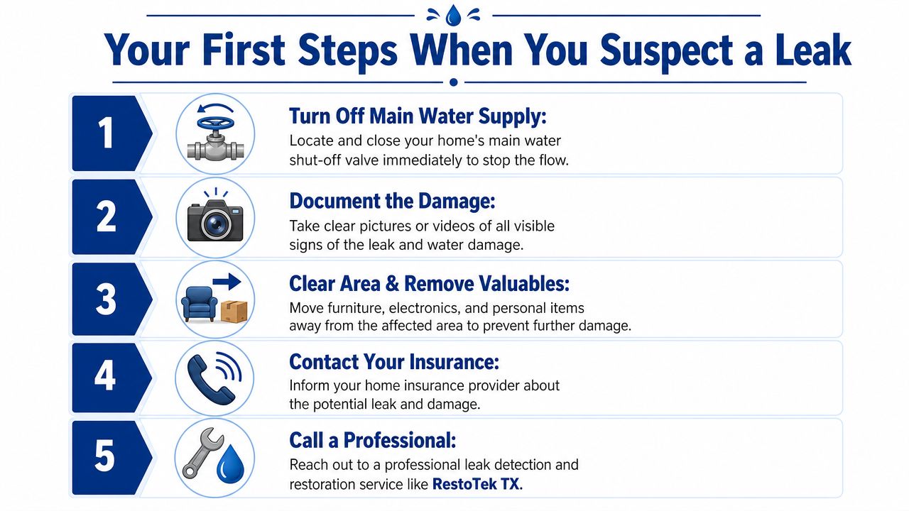 A five-step guide on what to do when you suspect a water leak in your home.