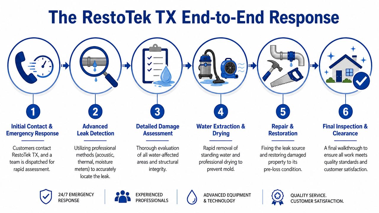 A six-step infographic detailing the RestoTek TX professional water leak detection and property restoration service process.