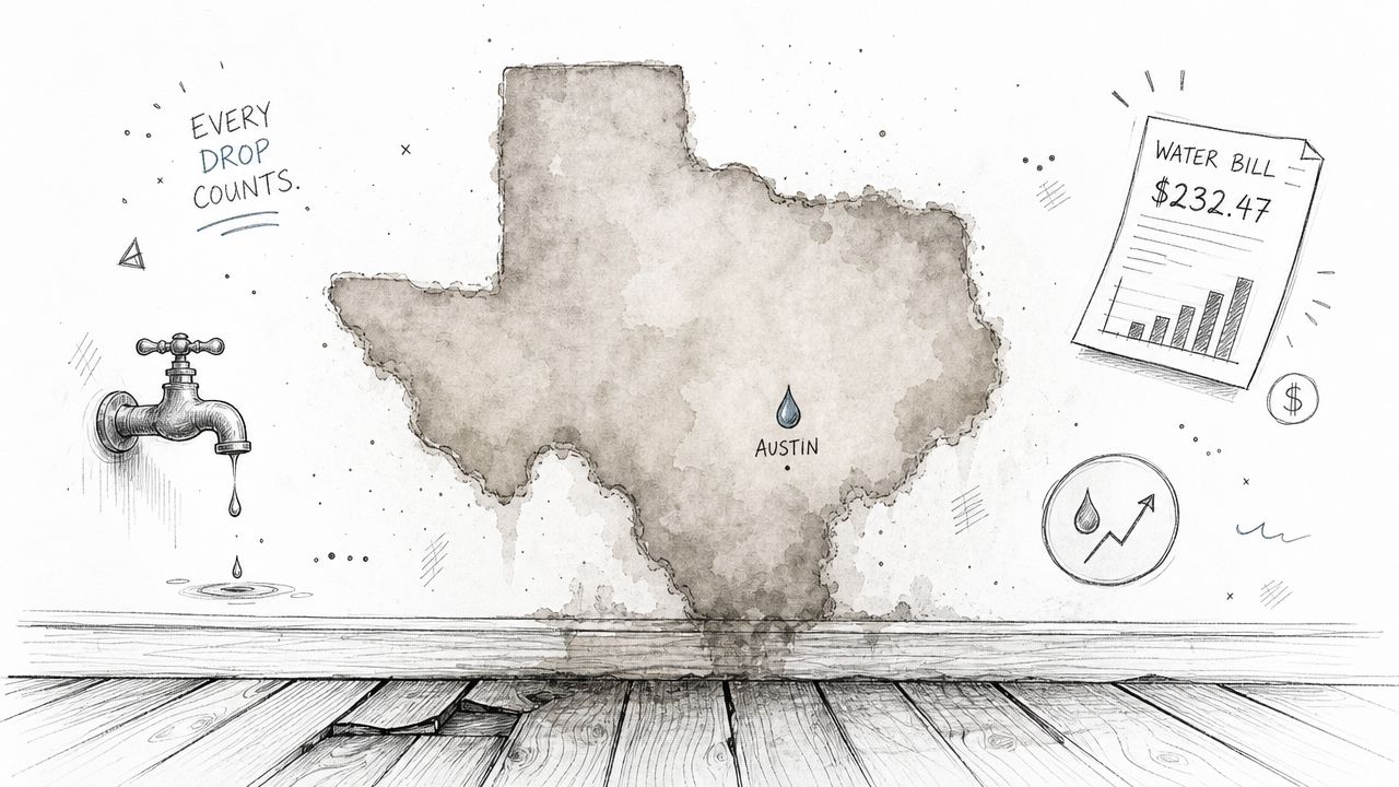 A conceptual illustration of a water leak in Texas highlighting rising costs and the need for conservation.