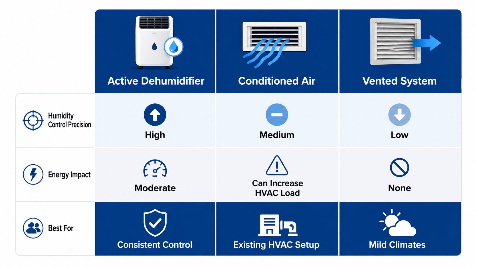 A comparison table illustrating the humidity control precision, energy impact, and ideal use cases for three systems.