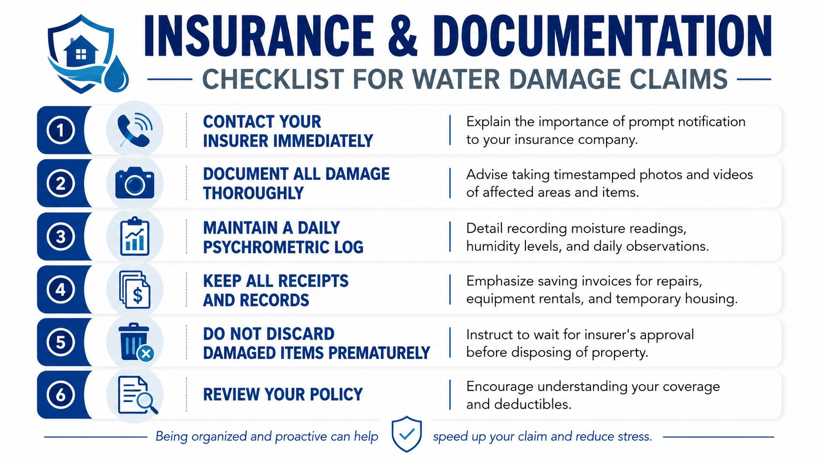 A six-step infographic checklist for documenting water damage claims for home insurance and restoration purposes.