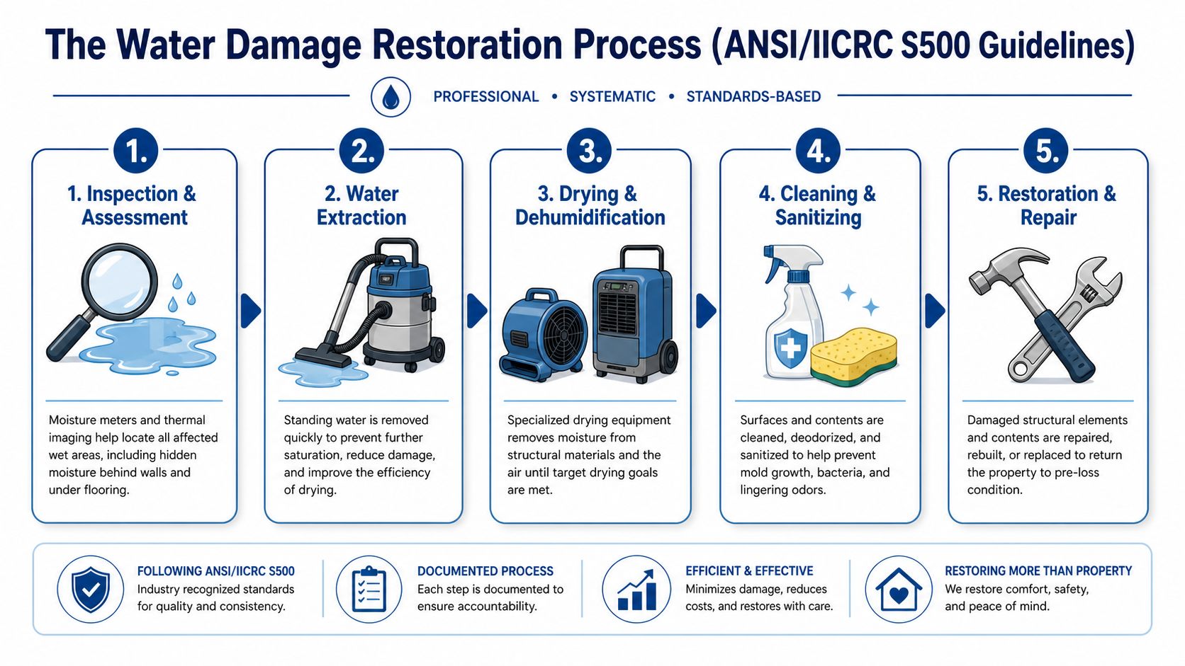 A five-step infographic detailing the ANSI/IICRC S500 standard process for professional water damage restoration services.