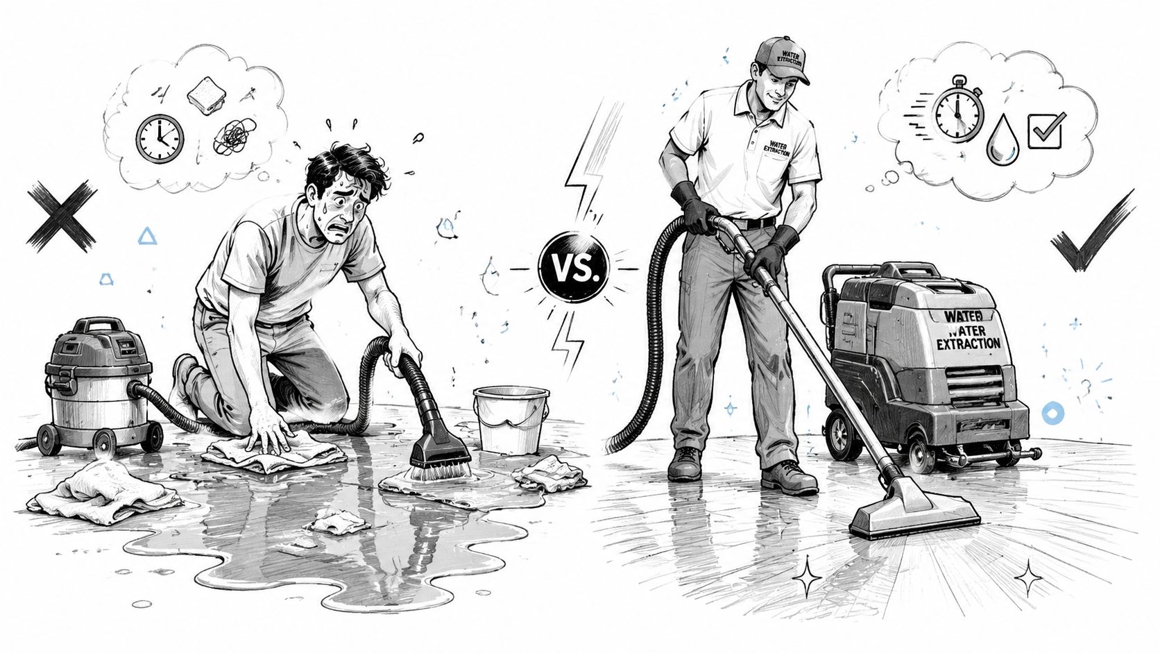 A comparison illustration showing a stressed person cleaning up water versus a professional using specialized equipment.